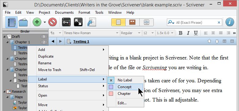 Scrivener - Add Label to Text or Chapter - Lorelle VanFossen