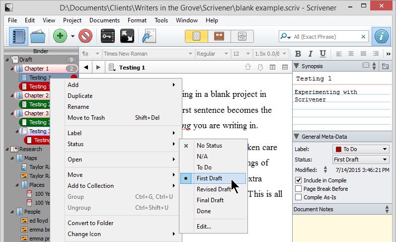 Scrivener - Add Status to chapter or section - Lorelle VanFossen