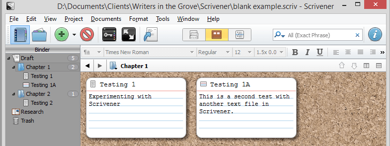 Scrivener - Corkboard - Adding second text file - Lorelle VanFossen
