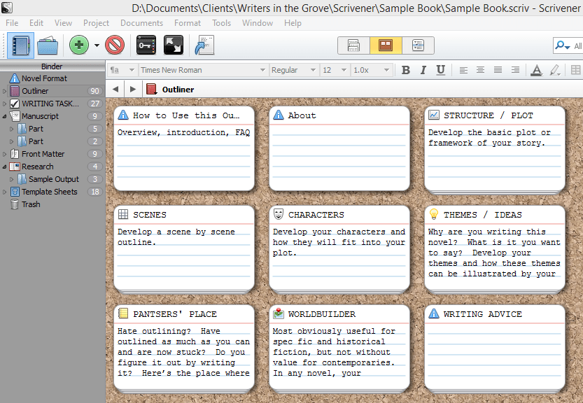 Scrivener - Corkboard Example - Lorelle VanFossen for Writers in the Grove