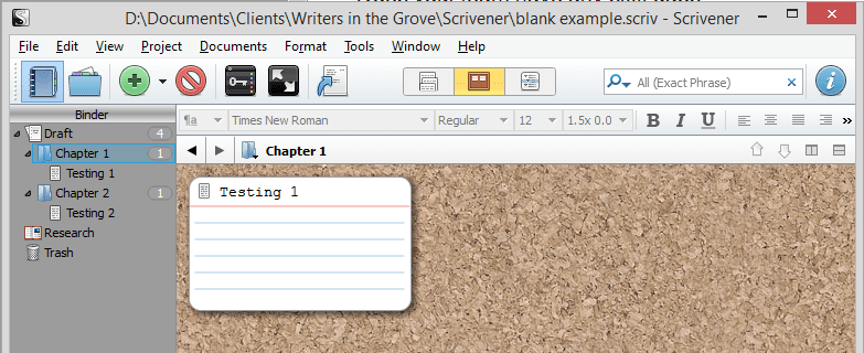 Scrivener - Corkboard view with a single text file - Lorelle VanFossen