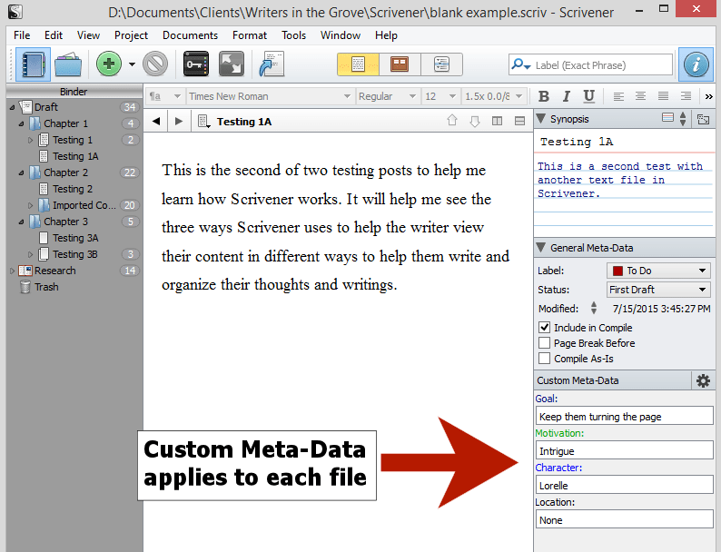 Scrivener - Custom Meta-Data on a document - Lorelle.