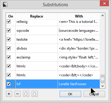 Scrivener - Example of autocomplete substition added to list - Lorelle