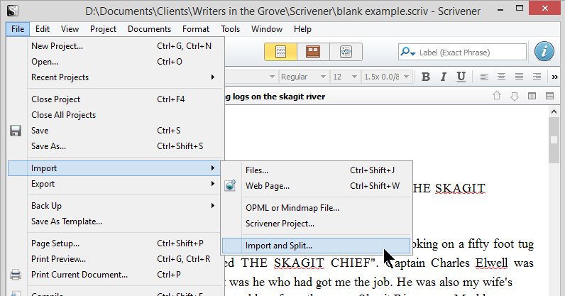 Scrivener - Import and Split Menu - Lorelle VanFossen
