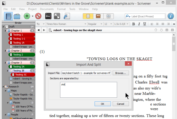 Scrivener - Import - Import and Split character defined - Lorelle
