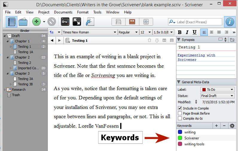 Scrivener - Inspector - Keywords - Lorelle VanFossen