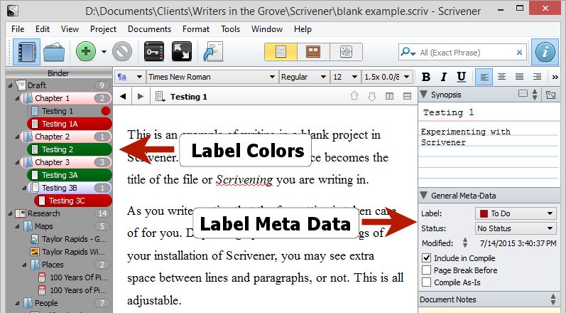 Scrivener - Label Colors in Binder and Inspector - Lorelle VanFossen