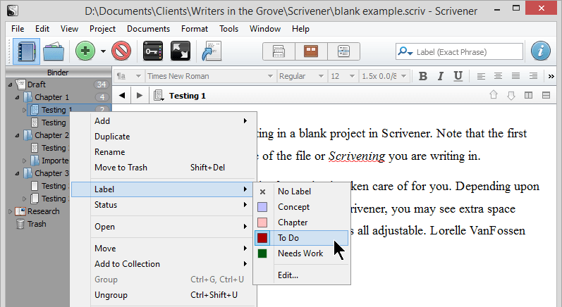 Scrivener - Labels - Add Label to Text and Folders - Lorelle