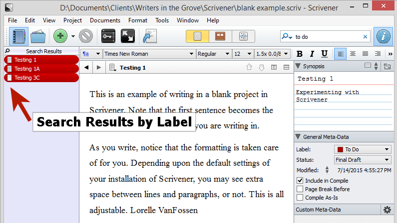 Scrivener - Labels - Search by Label - Lorelle