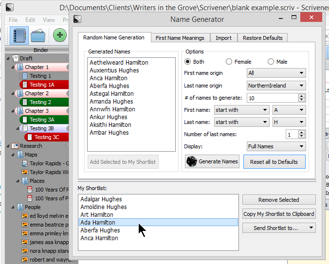 Scrivener - Name Generator Shorlist - Lorelle VanFossen
