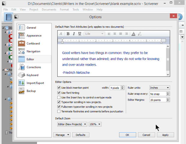 Scrivener - Options - Editor - Changing font color and format - Lorelle