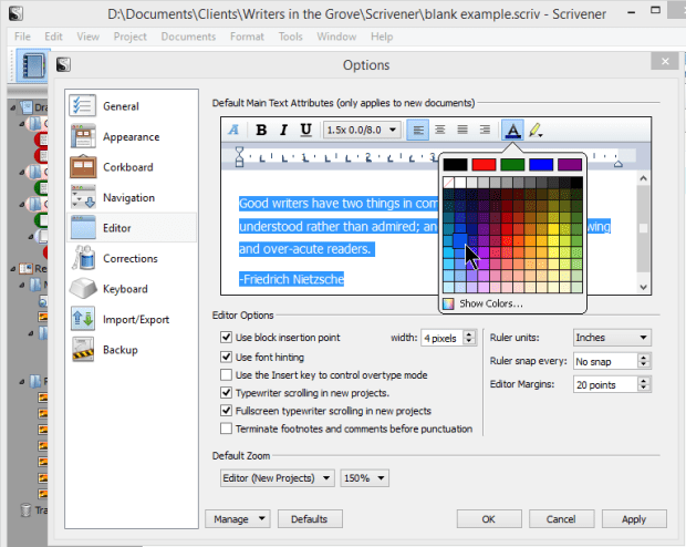 Scrivener - Options - Editor - Changing Font Color - Lorelle