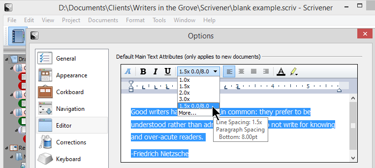 Scrivener - Options - Editor - Changing Line Spacing and Formatting - Lorelle