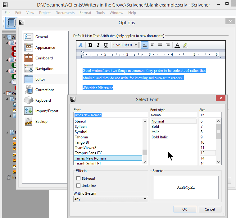 Scrivener - Options - Editor - Changing the Front - Lorelle