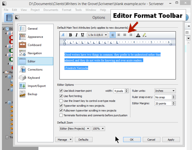 Scrivener - Options - Editor - Interface - Lorelle