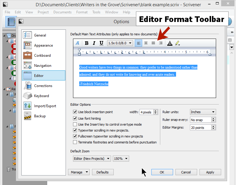 Scrivener - Options - Editor - Interface - Lorelle
