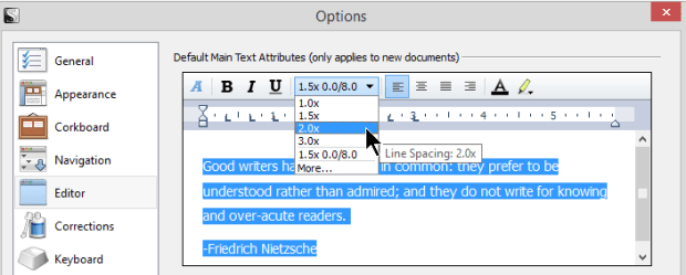 Scrivener - Options - Editor - Setting the Line Spacing - Lorelle