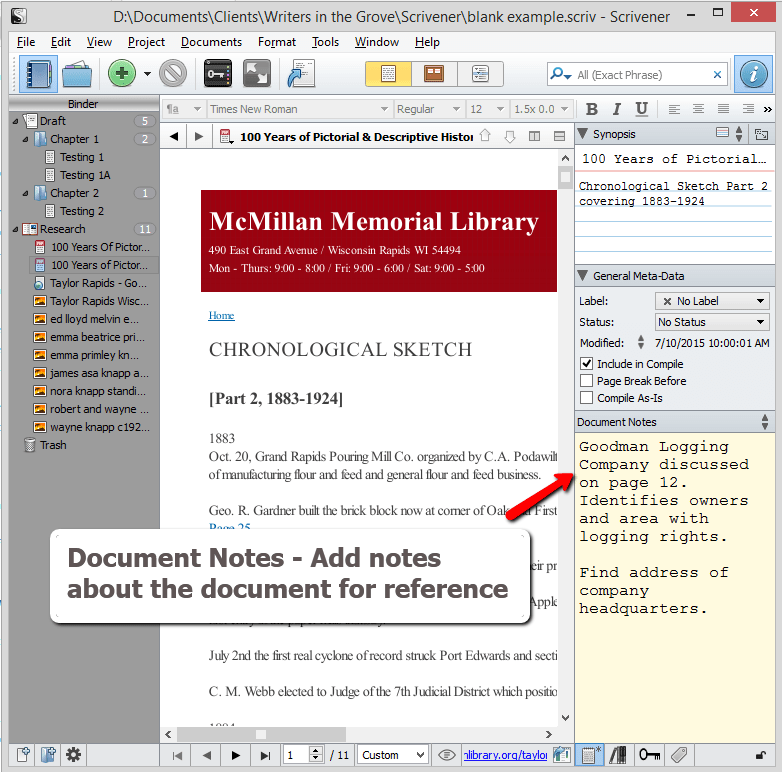 Scrivener - Research and Inspector - Add Document Notes about the document - Lorelle VanFossen