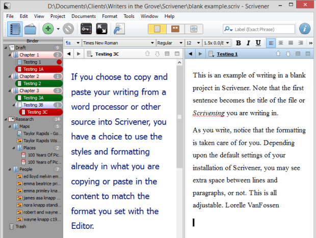 Scrivener - Splilt Screen View of formatted text examples - Lorelle