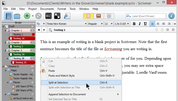 Scrivener - Split at Selection - Lorelle VanFossen