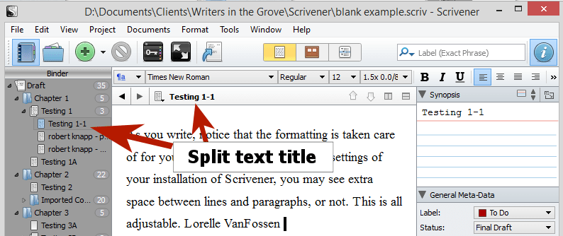 Scrivener - Split Document Default Title - Lorelle