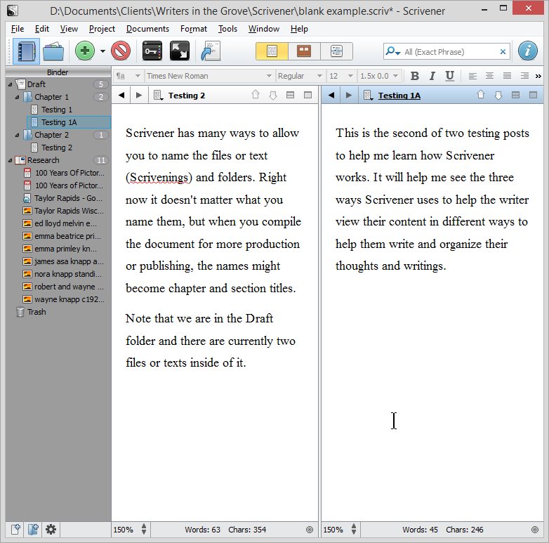 Scrivener - Split Screen Example with two documents - Lorelle VanFossen
