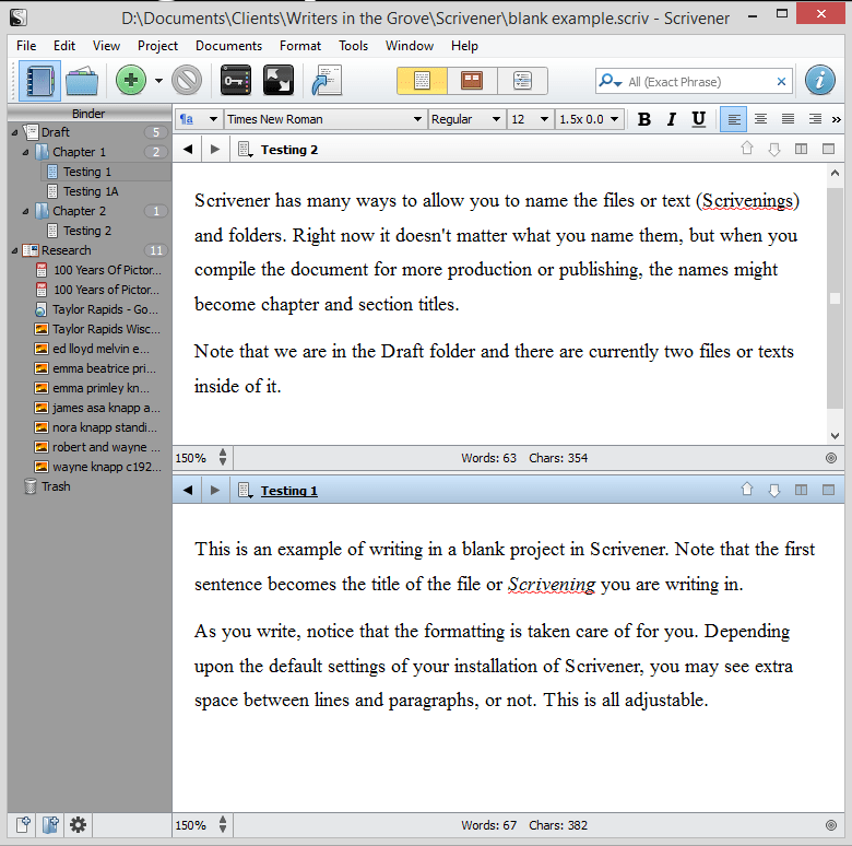 Scrivener - Split Screen view horizontal - Lorelle VanFossen