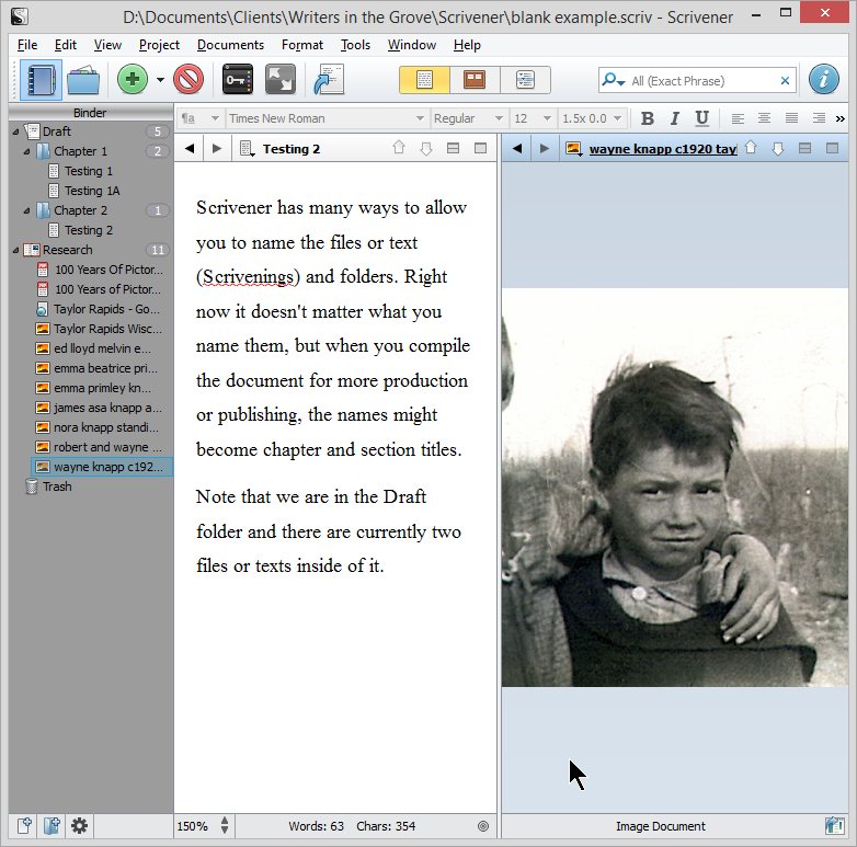 Scrivener - Split Screen with Photo of Wayne Knapp in Research - Lorelle VanFossen