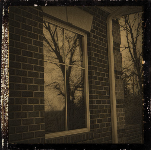 Brick house with  reflection of trees in window.
