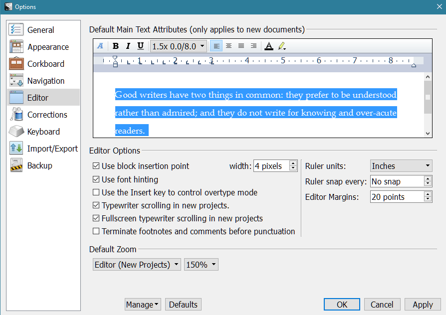 Scrivener - Options Editor Screen