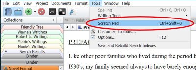 Scrivener - Scratch Pad on Tools Menu - Writers in the Grove.