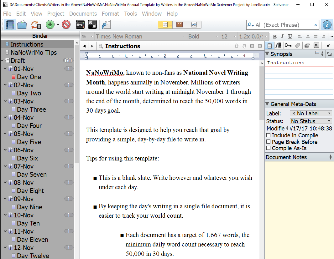 NaNoWriMo Writers in the Grove Scrivener Project Template